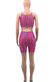 Purple Women Shirred Detail Tanks Printing Stretch Ribber Shorts Sets PH1218-1