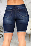 Light Blue Wholesal Hole Water Washing High Waist Elasticty Shift Jean Shorts SMR2482-2