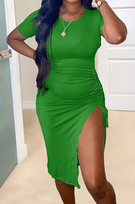 Black Pure Color Short Sleeve Round Collar Drawsting Split Mini Dress OMY0021-3