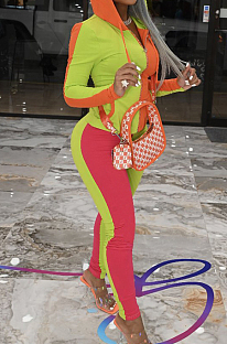Light Green Wholesal Autumn Winter Contrast Color Spliced Long Sleeve Zipper Hoodie Bodycon Pants Sport Sets SMD82080-1