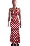 Red Women Hallter Neck Trendy Polka Dot Skirts Sets OMY0025-1
