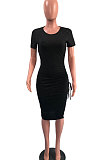 Russet-Red Pure Color Short Sleeve Round Collar Drawsting Split Mini Dress OMY0021-1