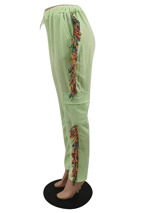 Black Cotton Blend Colorful Tassel Loose Bandage Sweat Pants QSS51040-4