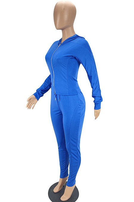 Blue Casual New Long Sleeve Zipper Hoodie Pencil Pants Slim Fitting Pure Color Sport Sets MLL176-3