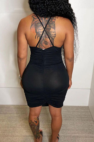 Black Sexy Condole Belt Hollow Out Ruffle Bandage Backless Slim Fitting Mini Dress BN9289-2