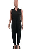 Gray Women Sleeveless V Collar Solid Color Fleece Loose High Waist Casual Jumpsuit OMY0027-1