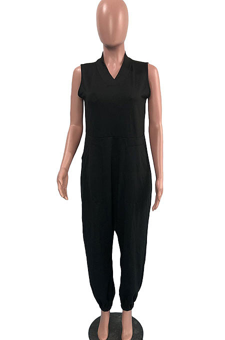 Gray Women Sleeveless V Collar Solid Color Fleece Loose High Waist Casual Jumpsuit OMY0027-1