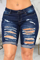 Drak Blue Wholesal Hole Water Washing High Waist Elasticty Shift Jean Shorts SMR2482-3