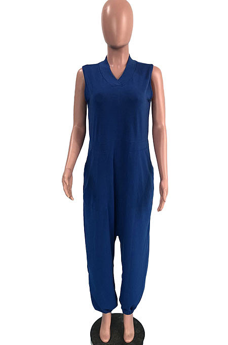 Gray Women Sleeveless V Collar Solid Color Fleece Loose High Waist Casual Jumpsuit OMY0027-1
