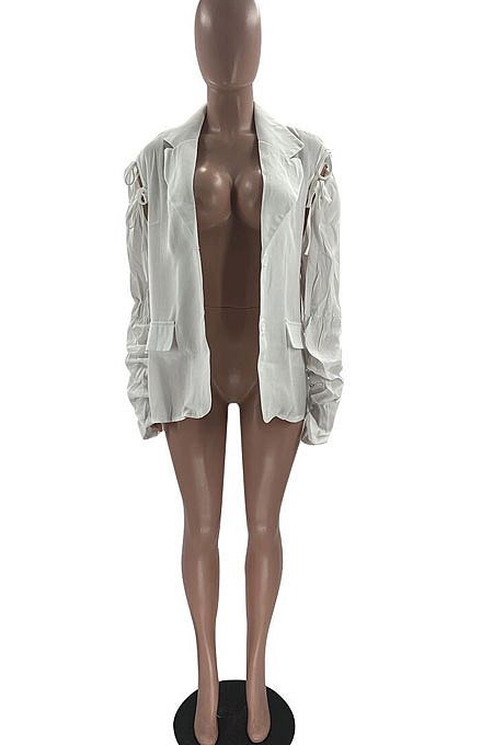 White Pure Color Sexy Turn-Down Collar Cardigan Sleeve Tied Ruffle Business Suit Coat MF6641-1