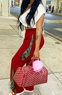 Wine Red Cotton Blend Colorful Tassel Loose Bandage Sweat Pants QSS51040-3