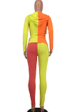 Red Wholesal Autumn Winter Contrast Color Spliced Long Sleeve Zipper Hoodie Bodycon Pants Sport Sets SMD82080-5