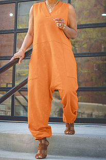 Orange Women Sleeveless V Collar Solid Color Fleece Loose High Waist Casual Jumpsuit OMY0027-4