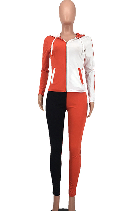 Light Green Wholesal Autumn Winter Contrast Color Spliced Long Sleeve Zipper Hoodie Bodycon Pants Sport Sets SMD82080-1