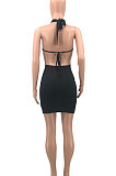 White Women Fashion Solid Color Hip Deep V  Collar Hallter Neck Backless Mini Dress PH1201-1