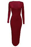 Dark Red Women Deep V Neck Tight Sexy Long Sleeve Long Dress Q910-15