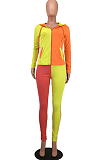 Light Green Wholesal Autumn Winter Contrast Color Spliced Long Sleeve Zipper Hoodie Bodycon Pants Sport Sets SMD82080-1
