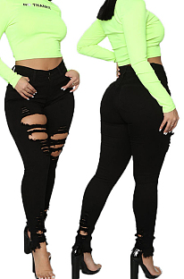 Black Fashion Hole Water Washing Slim Fitting Elastic Jean Pencil Pants SMR2458-4