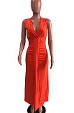 Black Euramerican Women Sexy V Collar Ruffle Sleeveless Solid Color High Waist Long Dress OMY0029-4