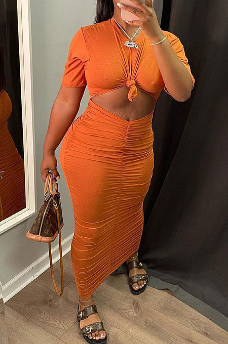 Khaki Cotton Blend Short Sleeve Round Neck Ruffle Long Skirt Solid Color Two-Piece WJ5227-1