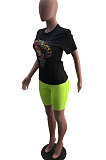 Neon Green Summer Patterns Printing Short Sleeve Round Collar T-Shirts Shorts Sport Sets YSH6232-3