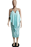 Drak Blue Sexy Summer Flounce Irregularity Condole Belt Loose Split Dress WA77210-2