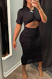 Khaki Cotton Blend Short Sleeve Round Neck Ruffle Long Skirt Solid Color Two-Piece WJ5227-1