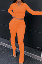 Orange Fashion Pure Color Long Sleeve Stand Neck Zipper Blouse High Waist Split Pants Sport Sets WJ5105-2