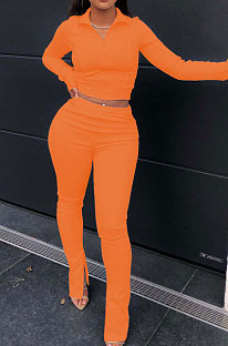 Orange Fashion Pure Color Long Sleeve Stand Neck Zipper Blouse High Waist Split Pants Sport Sets WJ5105-2