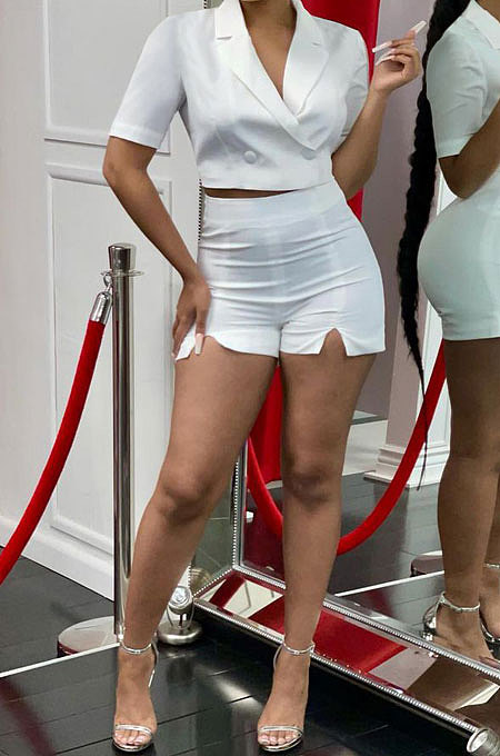 White Women Trendy Turn-Down Collar Solid Color Short Sleeve Shorts Sets OMY0031-1