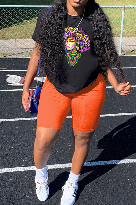 Orange Summer Patterns Printing Short Sleeve Round Collar T-Shirts Shorts Sport Sets YSH6232-2