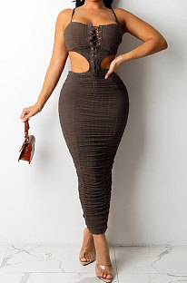 Brown Trendy Pure Color Women Sexy Condole Belt Bandage Strapless Backless Ruffle Dew Waist Long Dress XZ5287-3