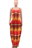 Purple Women Printing Loose Pocket Condole Belt Long Dress PH1233-3