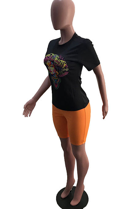 Orange Summer Patterns Printing Short Sleeve Round Collar T-Shirts Shorts Sport Sets YSH6232-2
