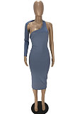  Khaki New Pure Color Oblique Shoulder One Sleeve Backless Slim Fitting Bodycon Dress WJ5228-1