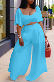Blue New Wholesal Loose Sleeeve Strapless Wide Leg Pants Solid Color Casual Sets WA7206-2