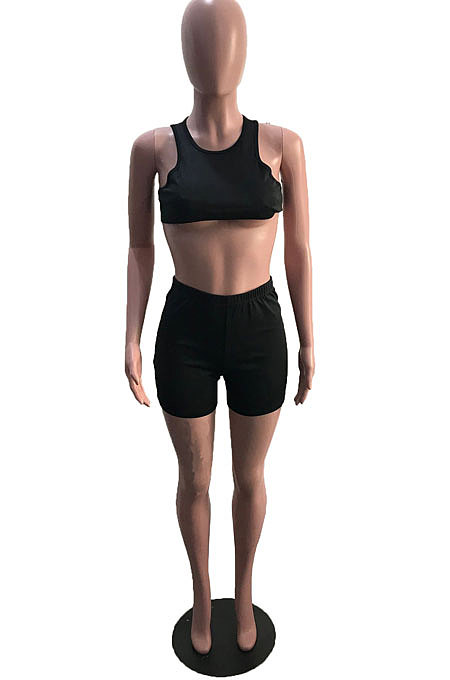 Black Cute Crop Tank Shorts Solid Color Yoge Sets YSH6230-2