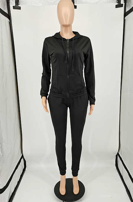 Black New Casual Long Sleeve Zippet Hoodie Sweat Pants Solid Color Two-Piece YM216-1