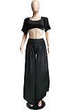 Blue New Wholesal Loose Sleeeve Strapless Wide Leg Pants Solid Color Casual Sets WA7206-2