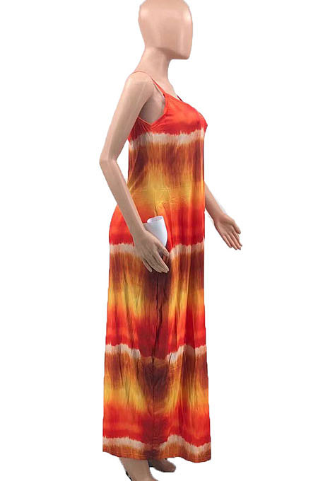 Yellow Women Printing Loose Pocket Condole Belt Long Dress PH1233-1