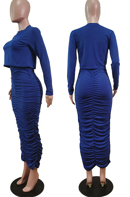 Brick Red Wholesal Long Sleeve Round Collar Jumper Ruffle Long Skirts Casual Sets WY6850-1