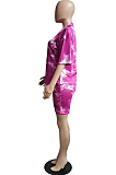 Purple Tie Eye Print Short Sleeve Lapel Neck Single-Breasted Shirt Shorts Two-Piece WA77209-1