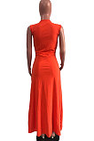 Orange Euramerican Women Sexy V Collar Ruffle Sleeveless Solid Color High Waist Long Dress OMY0029-1