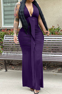 Purple Euramerican Women Sexy V Collar Ruffle Sleeveless Solid Color High Waist Long Dress OMY0029-3