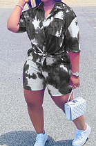 Black Tie Eye Print Short Sleeve Lapel Neck Single-Breasted Shirt Shorts Two-Piece WA77209-2