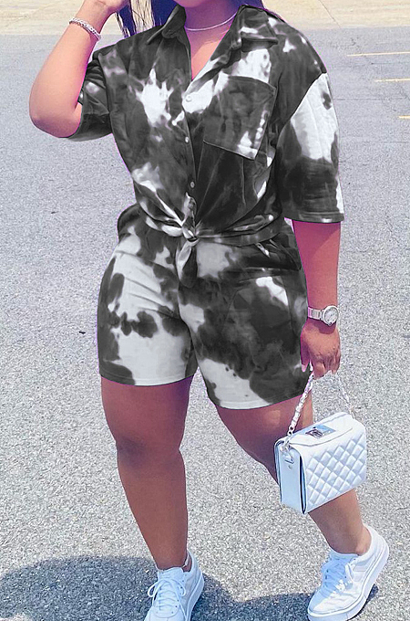 Blue Tie Eye Print Short Sleeve Lapel Neck Single-Breasted Shirt Shorts Two-Piece WA77209-3