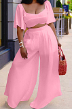 Orange New Wholesal Loose Sleeeve Strapless Wide Leg Pants Solid Color Casual Sets WA7206-3