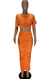 Orange Cotton Blend Short Sleeve Round Neck Ruffle Long Skirt Solid Color Two-Piece WJ5227-3
