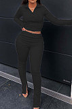 White Fashion Pure Color Long Sleeve Stand Neck Zipper Blouse High Waist Split Pants Sport Sets WJ5105-1