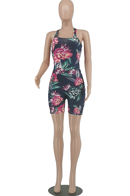 Orange Summer Casaul Positioning Print Tank Slim Fitting Romper Shorts WA77217-2